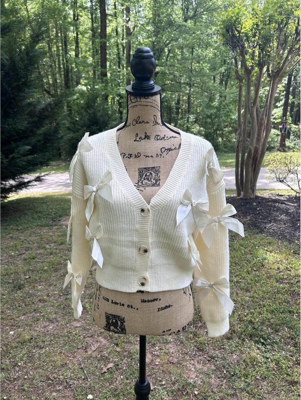 Debut Cream Button-Down Cardigan - Ribbon Bow Accents - Size S/M - Cottagecore - Picture 2 of 8